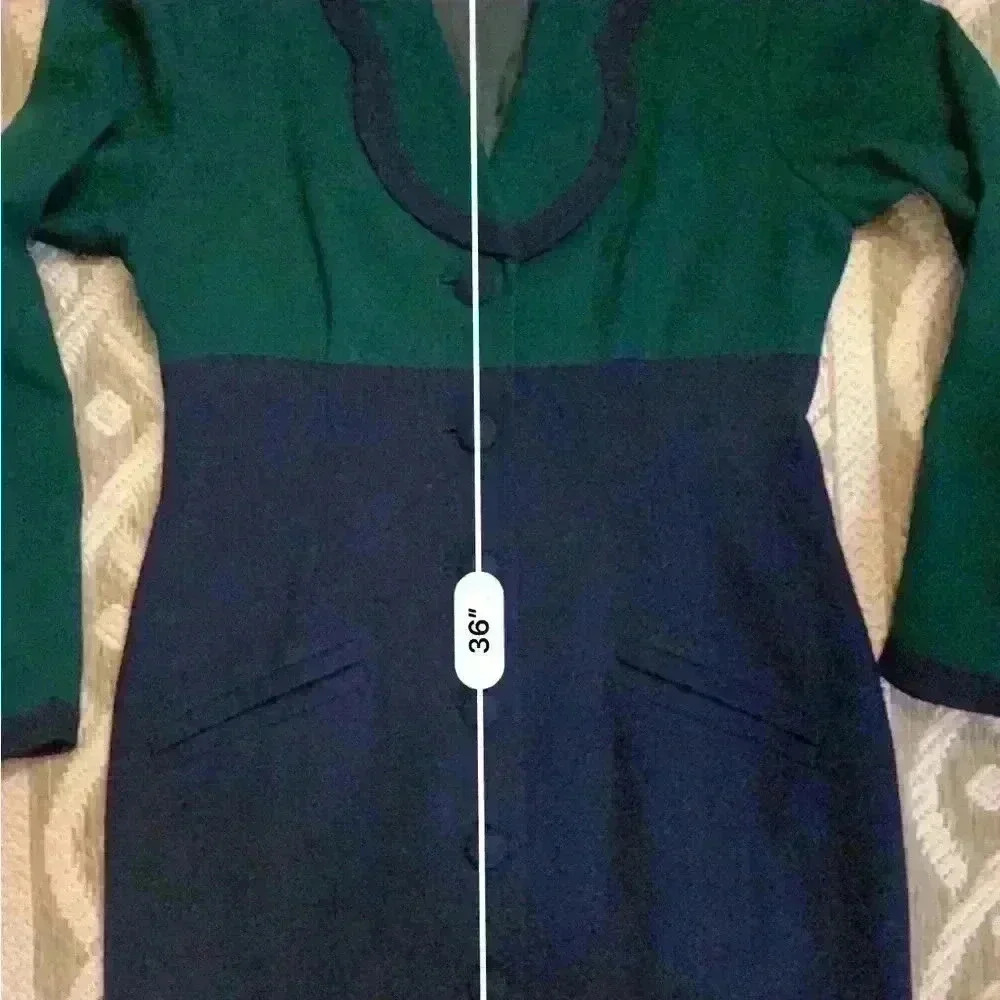 Vintage Gillian Petites Jacket Dress Wool Color Block Fully Lined Green  Navy. - Picture 12 of 14